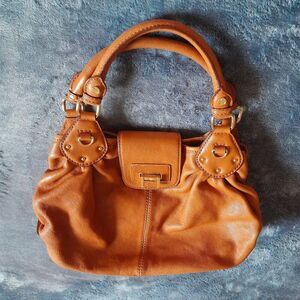 Antonio Melani Tan Leather Satchel Handbag with Gold Hardware Width 12in.